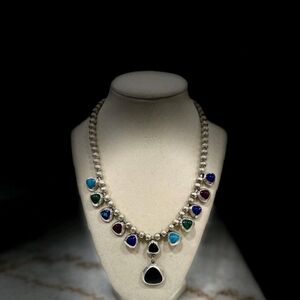 Sterling Silver Multi-Gem Teardrop Necklace - Black & Multicolor